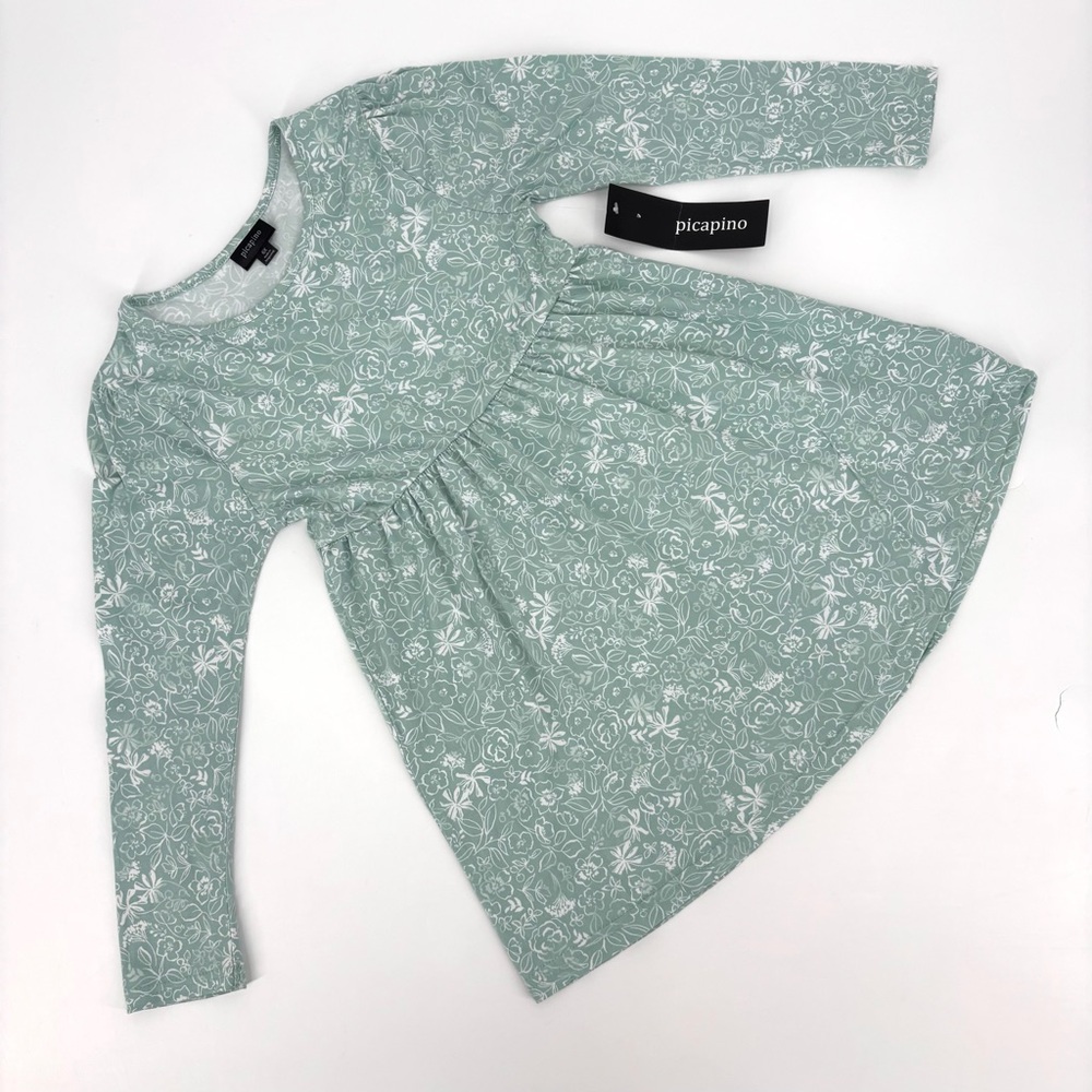 Picapino NWT Green with White Little Girl's Super Soft Long Sleeve Dress, 6X